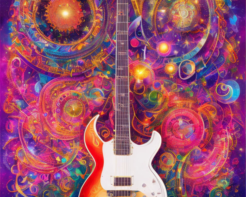 Colorful surreal illustration: Red and white electric guitar with cosmic backdrop