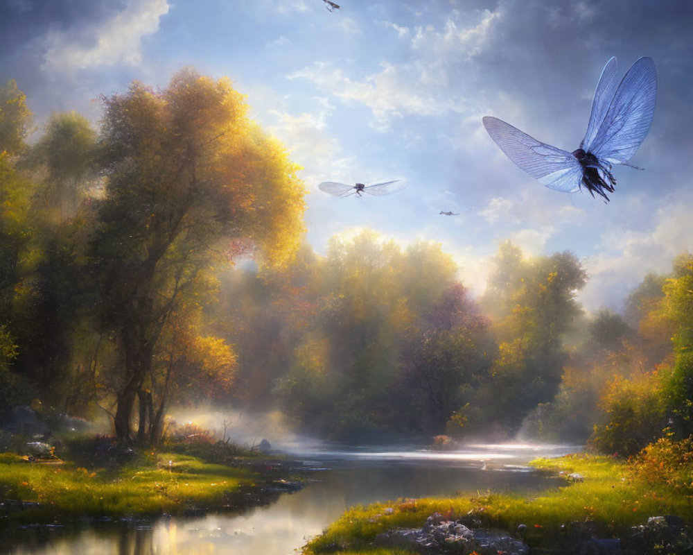 Tranquil Landscape with Trees, River, Sunlight, Dragonflies, and Birds