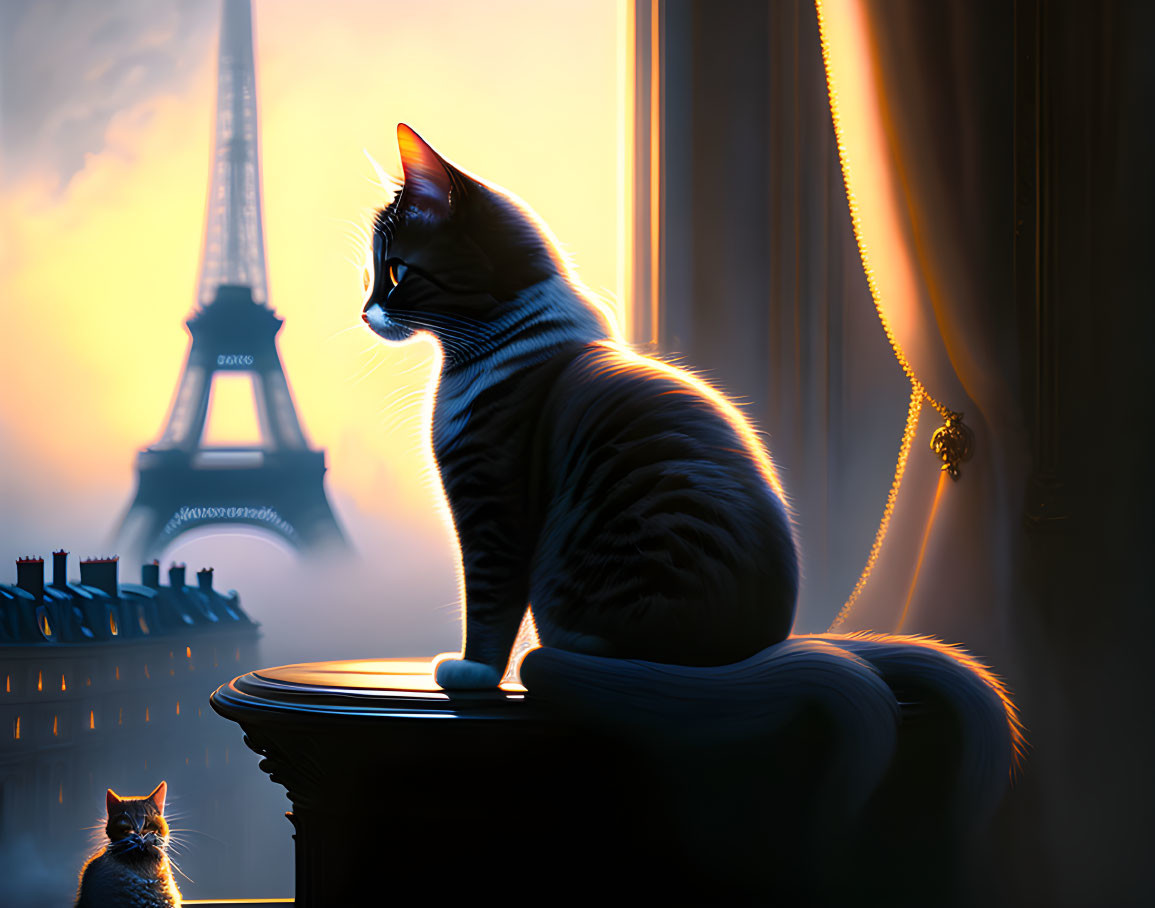 Two cats by window with Eiffel Tower view at sunset