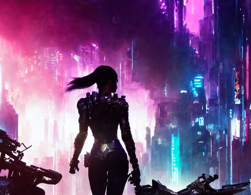 Female cyborg in neon-lit cityscape with motorcycle: cyberpunk aesthetic