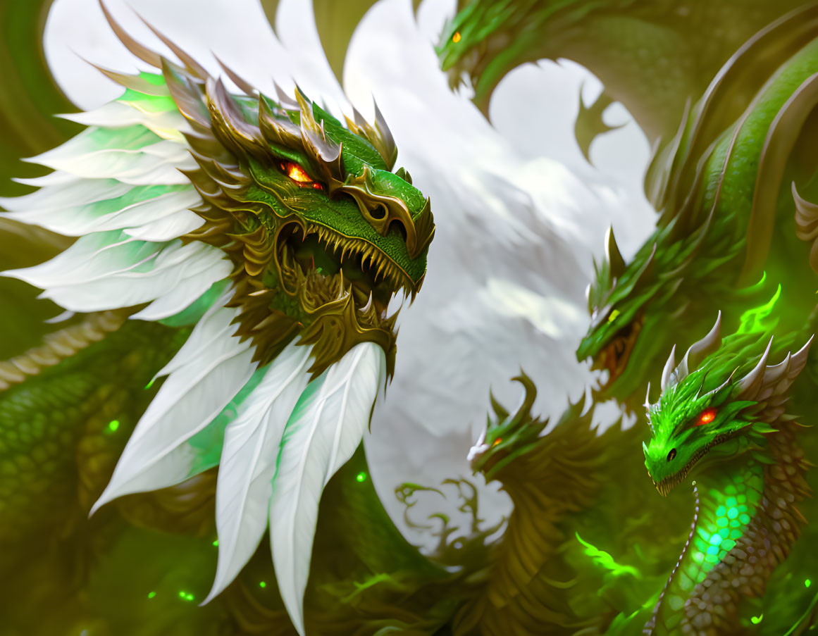 Detailed Illustration of Mythical Green Dragon with Scales, Red Eyes, and White Wings