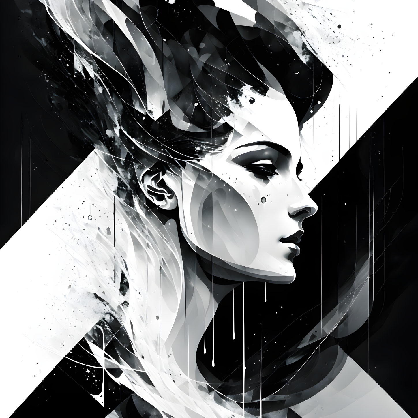 Monochrome abstract portrait of a woman with flowing, fragmented elements