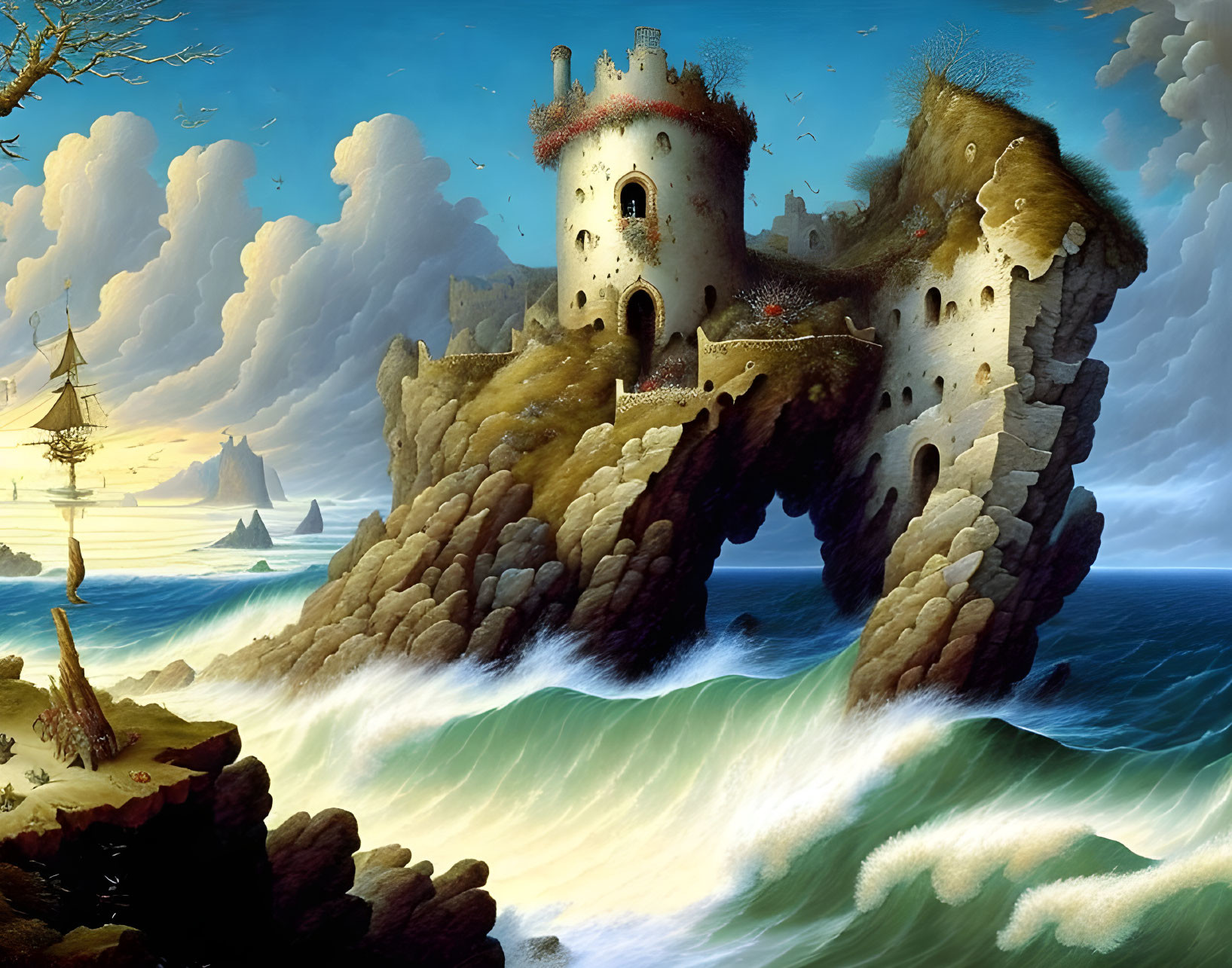 Seaside castle on rocky cliffs above churning waves and sailboats.