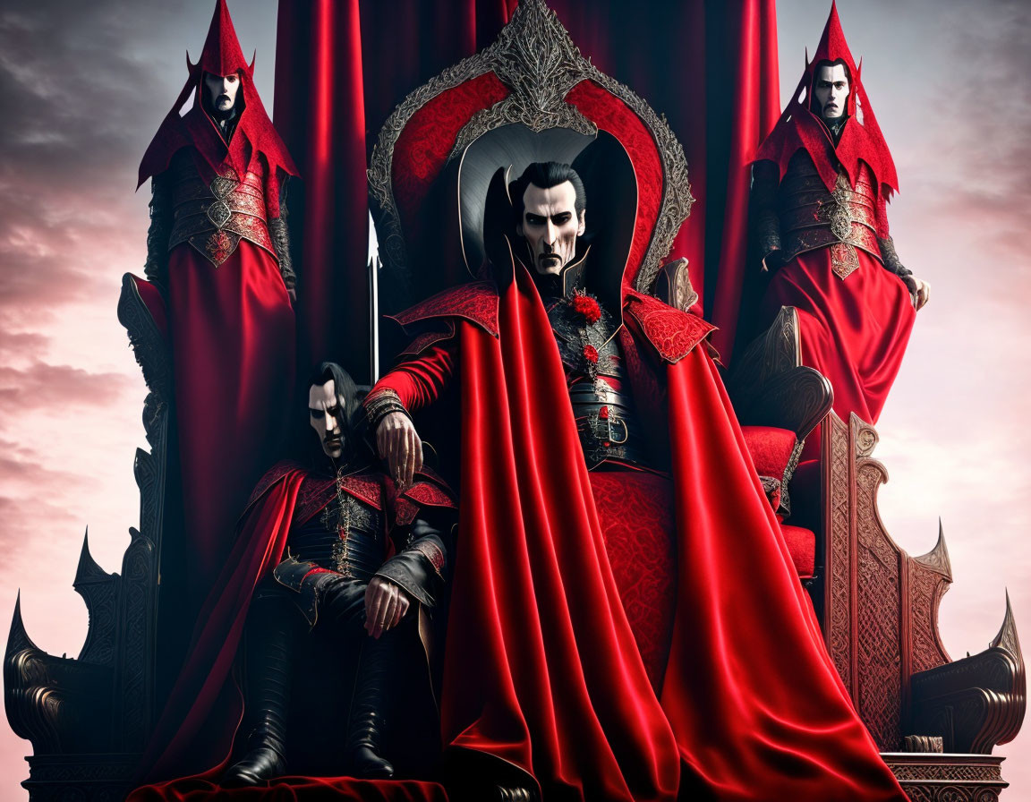 Imposing figures in red and black robes exude dark nobility