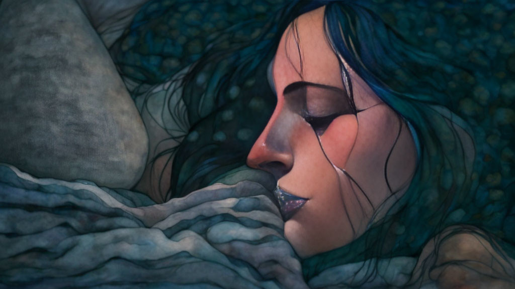 Blue-haired woman sleeping with face covered by blanket on pebbly texture