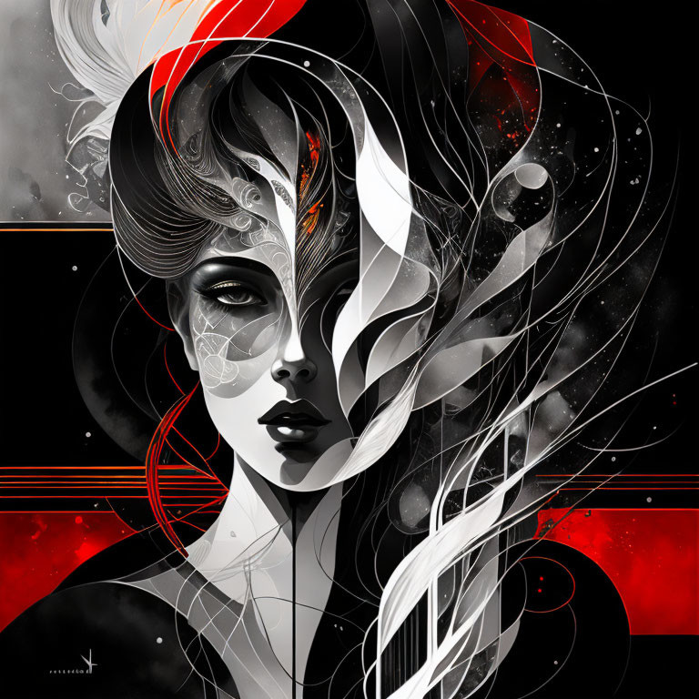 Stylized monochrome illustration of a woman with abstract red elements