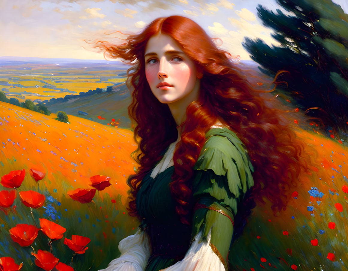 Red-haired woman in poppy field with rural landscape.