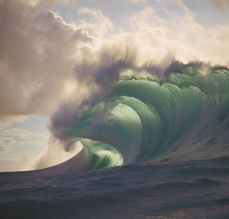 Vibrant green cresting wave under dramatic clouds