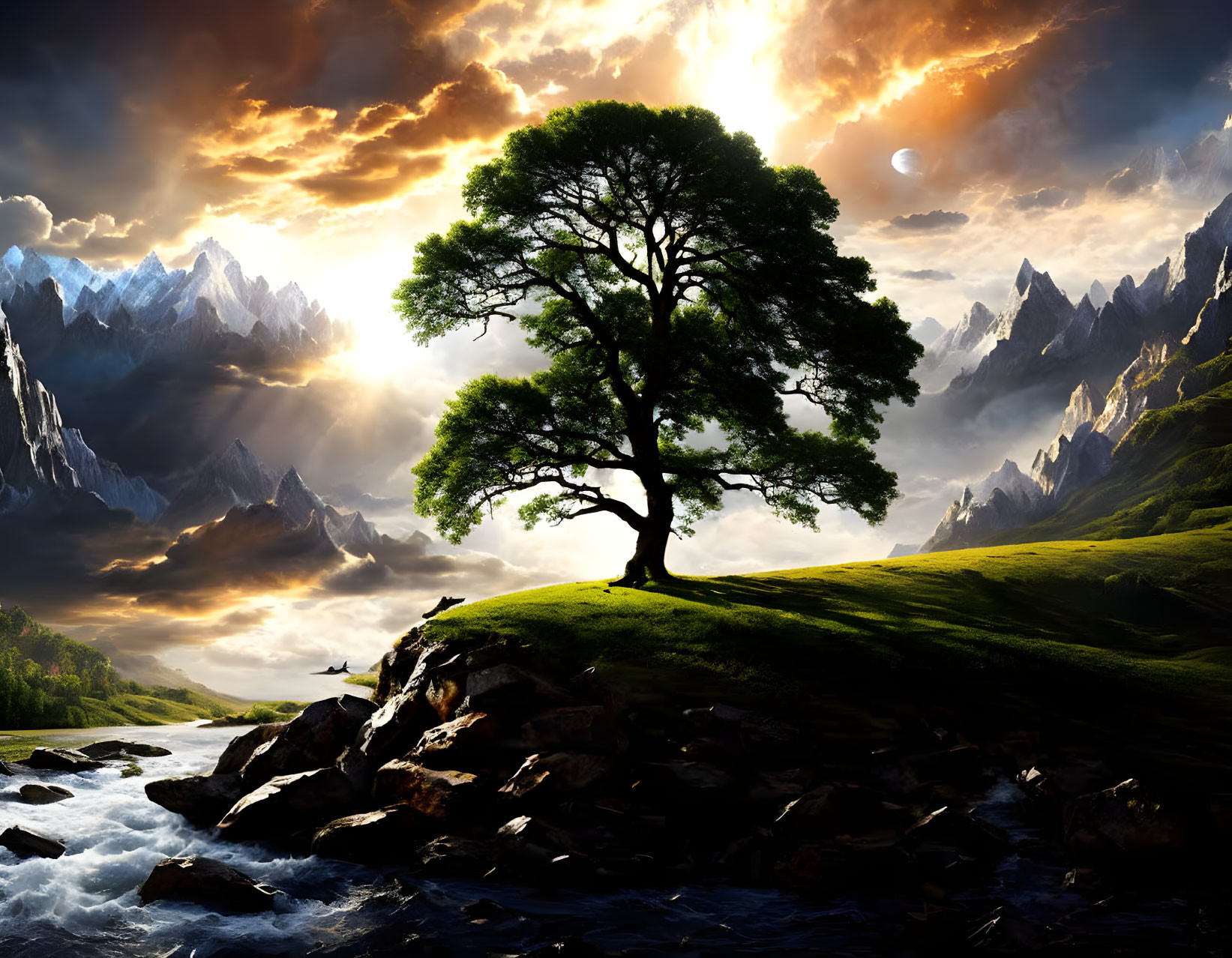 Solitary tree on lush hill with river, mountains, dramatic sunset sky