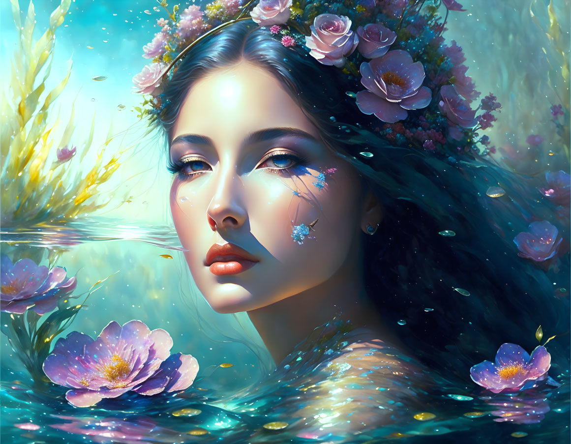 Serene woman with floral crown among luminescent water lilies