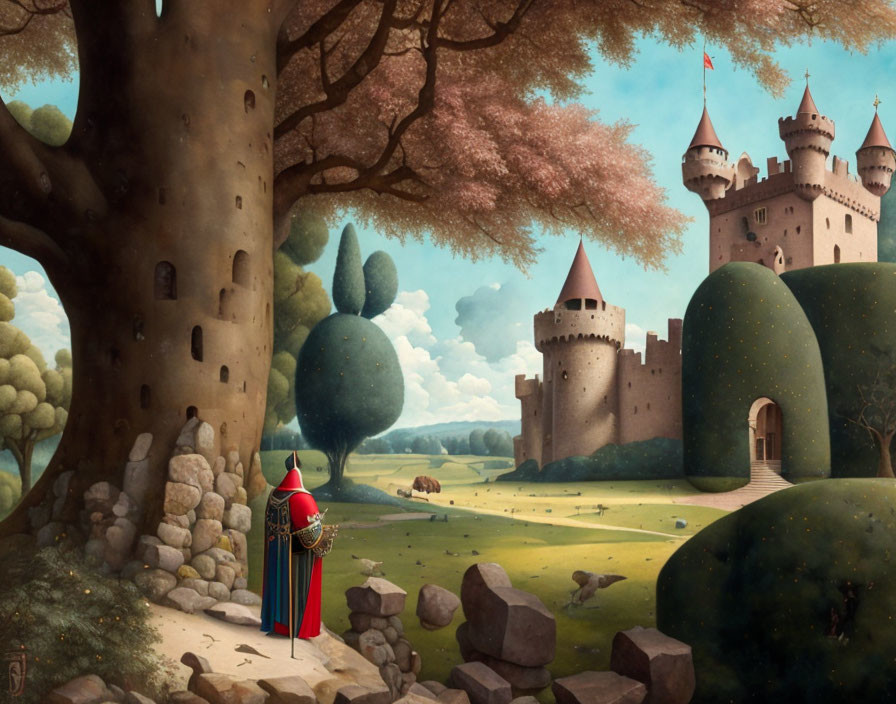 Knight admiring pastoral landscape with castle, sheep, and gardens