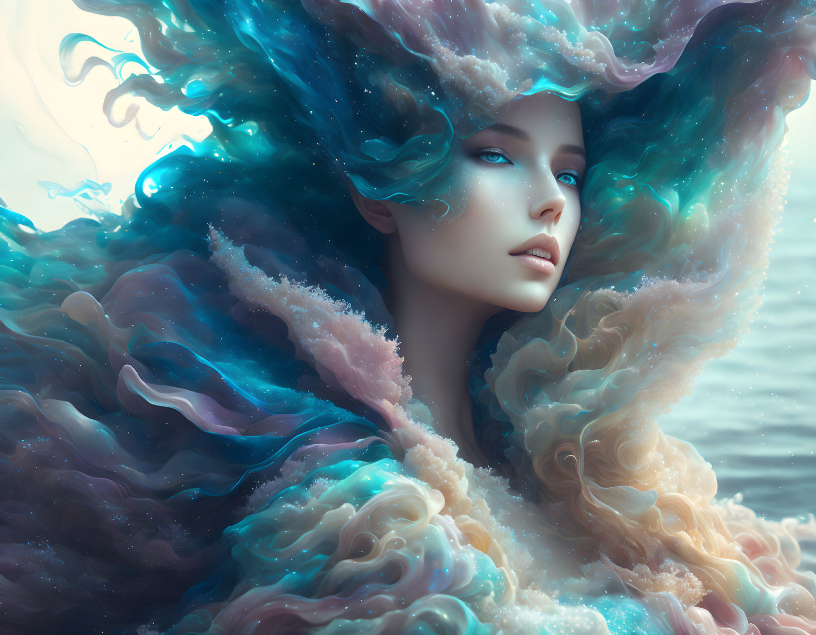 Surreal portrait of woman with flowing hair and ocean waves in soft pastel colors