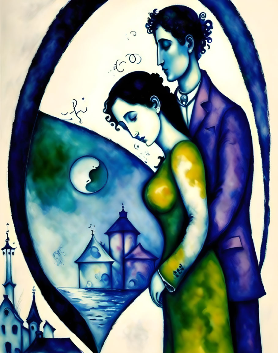 Stylized painting of couple embracing in surreal village landscape