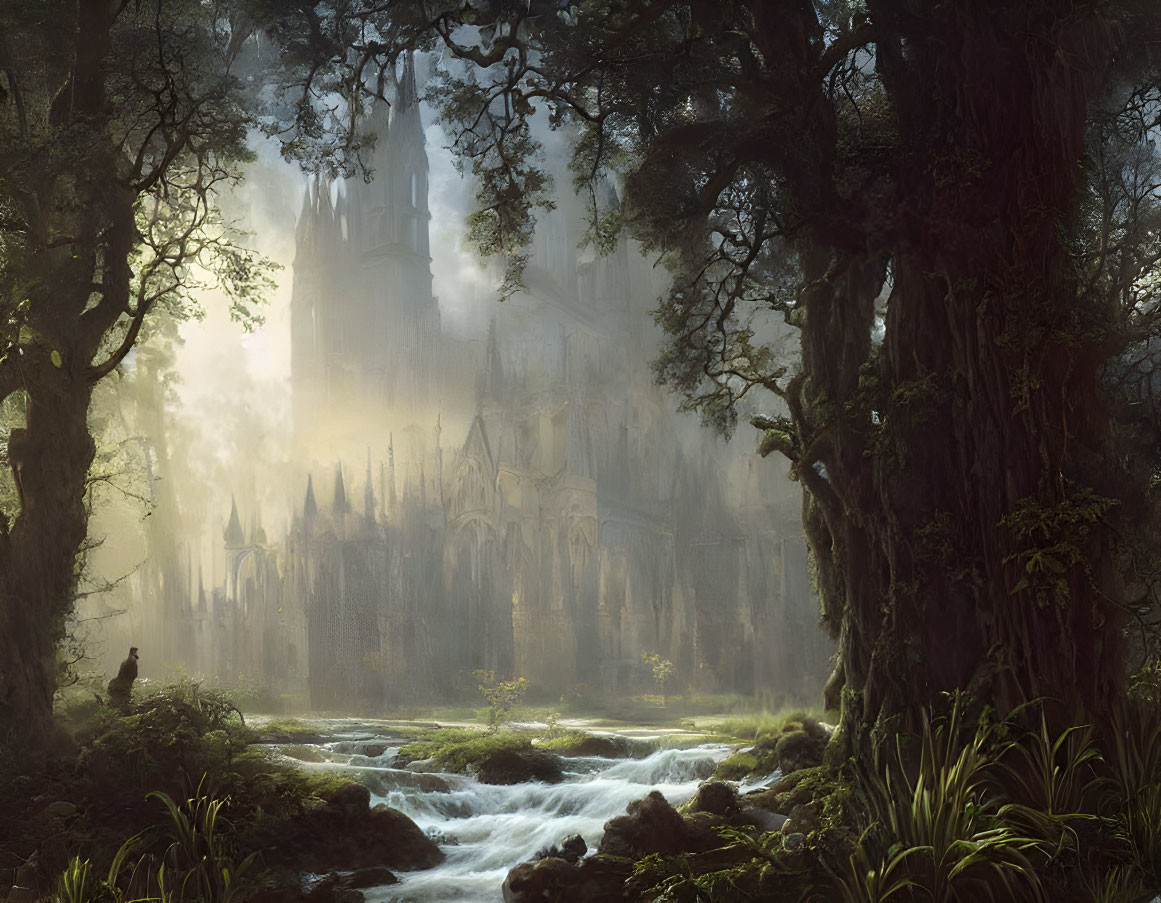 Sunlit Enchanted Forest with Castle, River, and Cloaked Figure