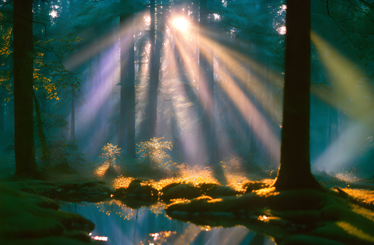 Misty forest with sunbeams, moss-covered stones, and tranquil stream