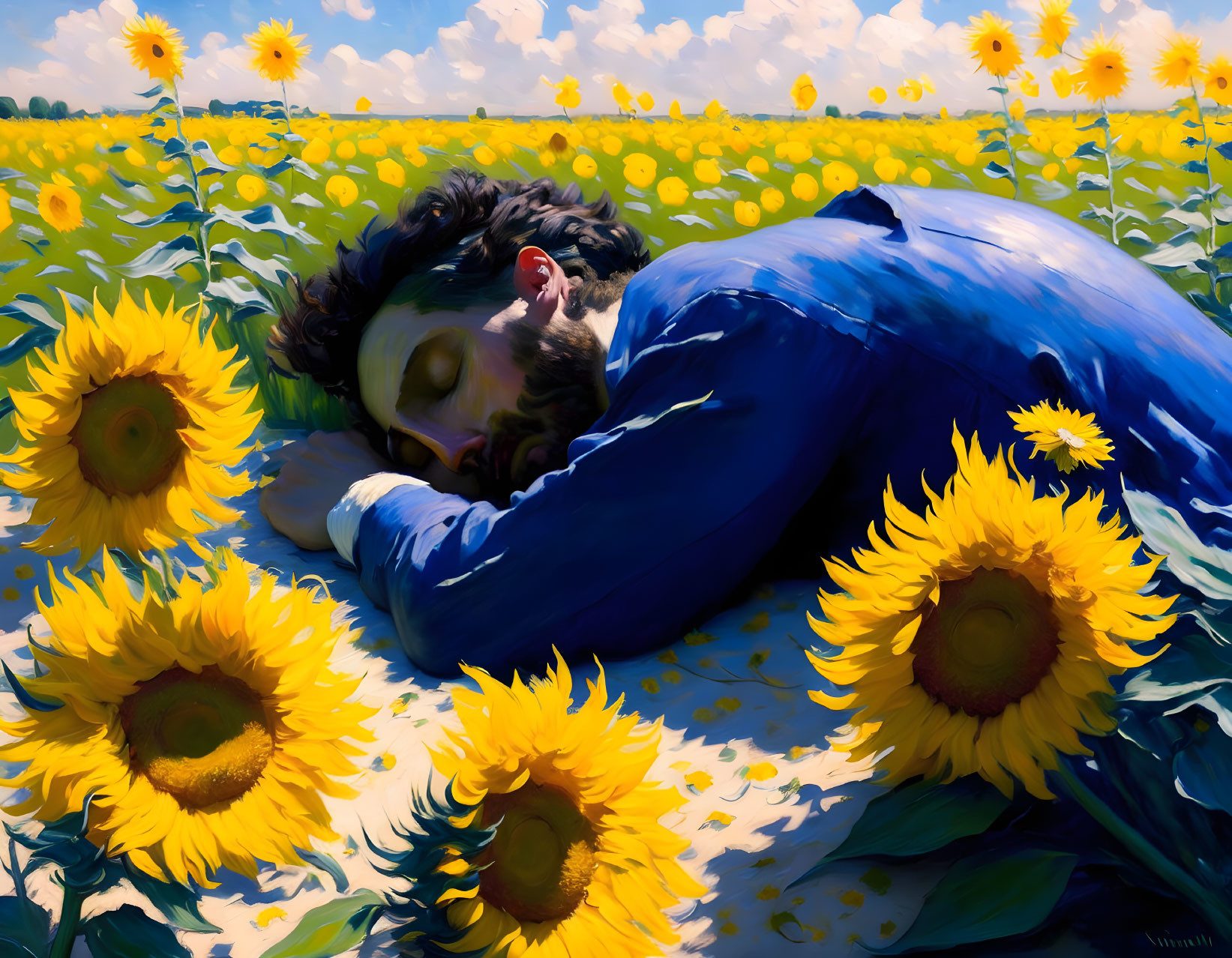 Man Sleeping in Sunflower Field Under Blue Sky