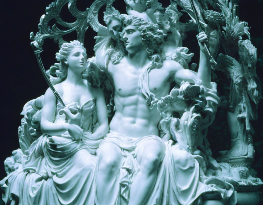 Detailed Mythological Sculpture of Man and Woman in Flowing Garments