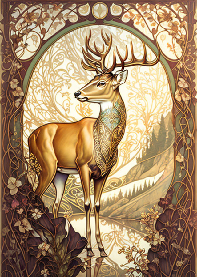 Detailed Art Nouveau Stag Illustration with Intricate Antlers