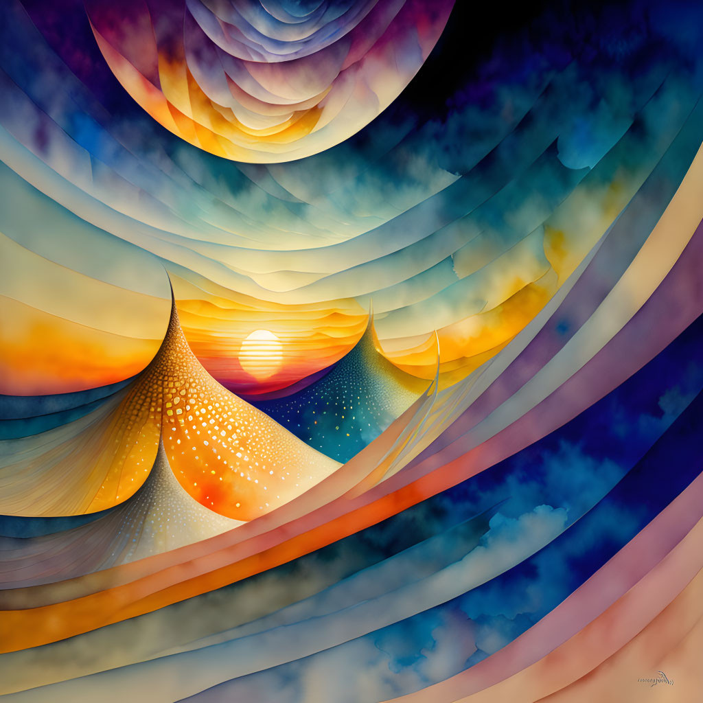 Colorful abstract art: wavy lines, central orb, warm & cool tones