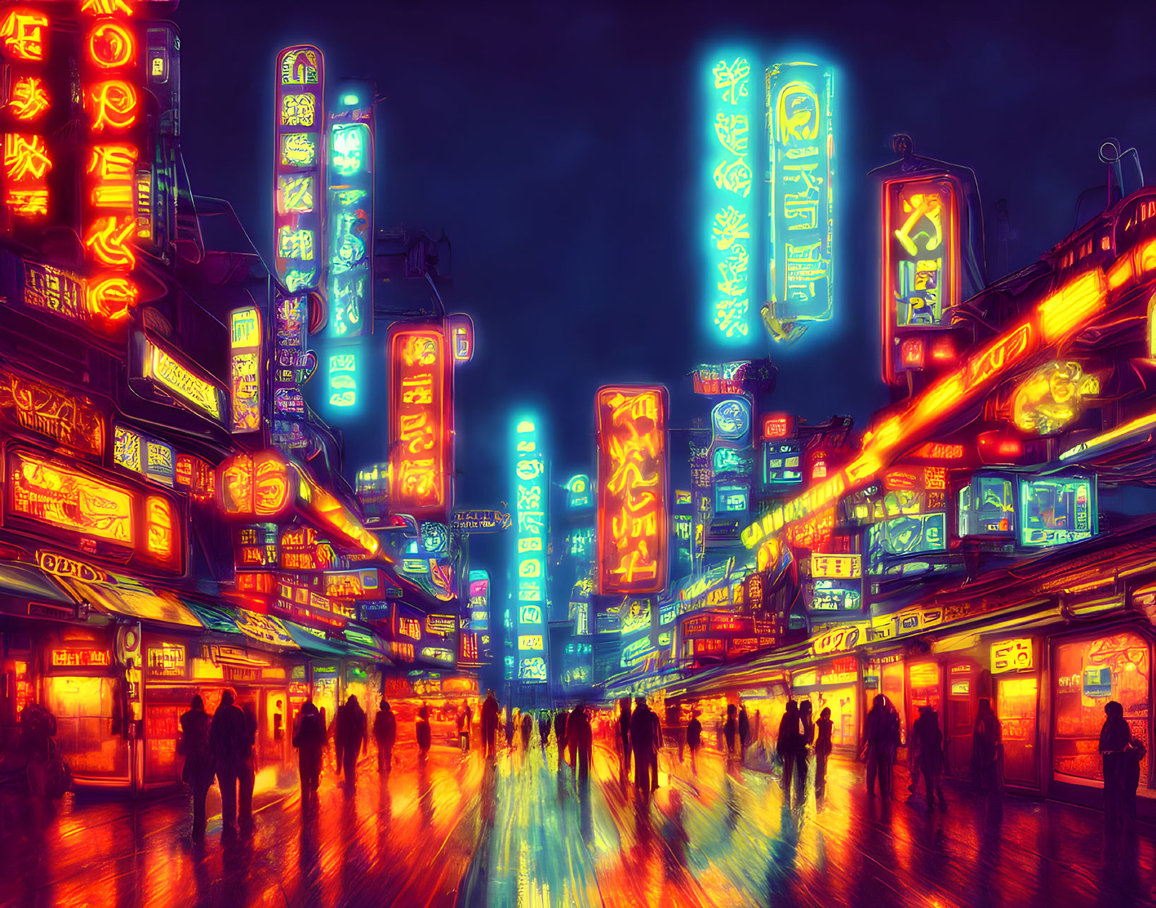 Colorful neon-lit street with bustling crowd and vibrant signboards