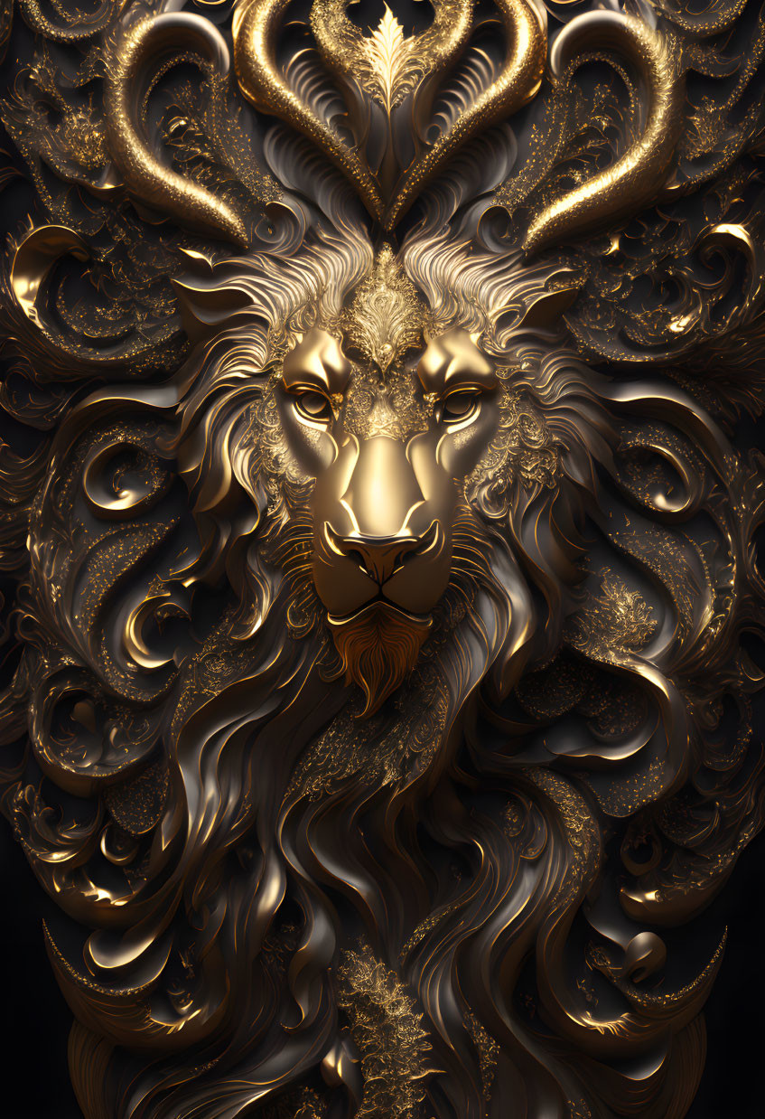 Golden lion head sculpture with ornamental designs and swirling horns