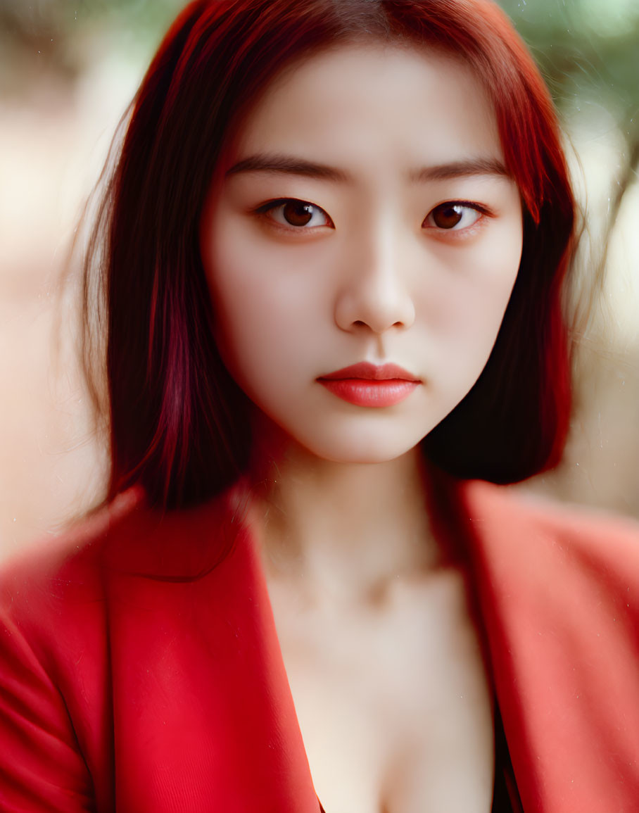 Dark-haired woman in red jacket gazes serenely at the camera