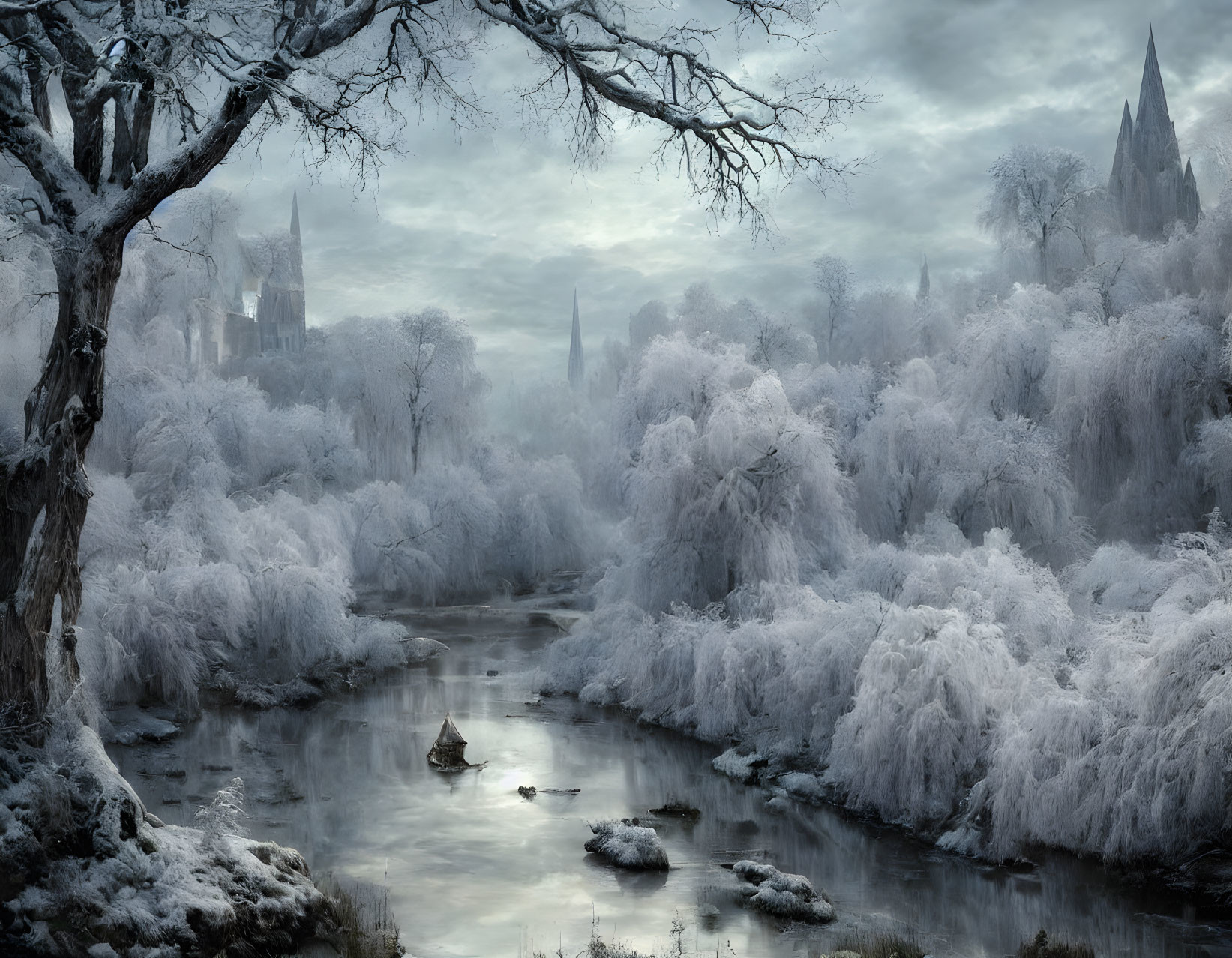 Frost-covered landscape with boat, bare trees, misty castles under cloudy sky