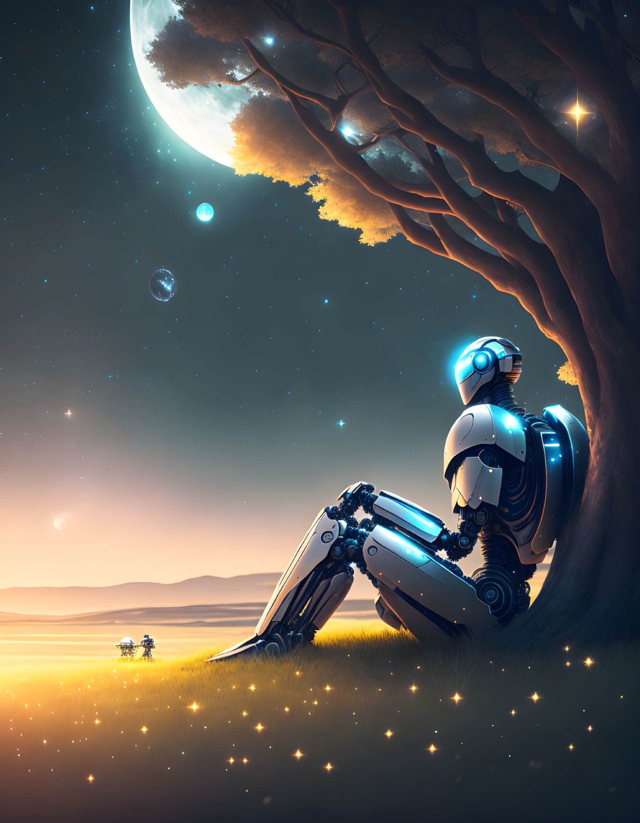 Robot gazes at night sky with moon and planets in serene setting