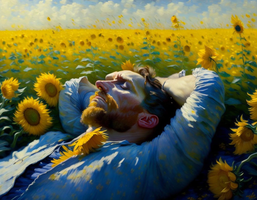 Bearded Man Relaxing in Sunflower Field under Blue Sky