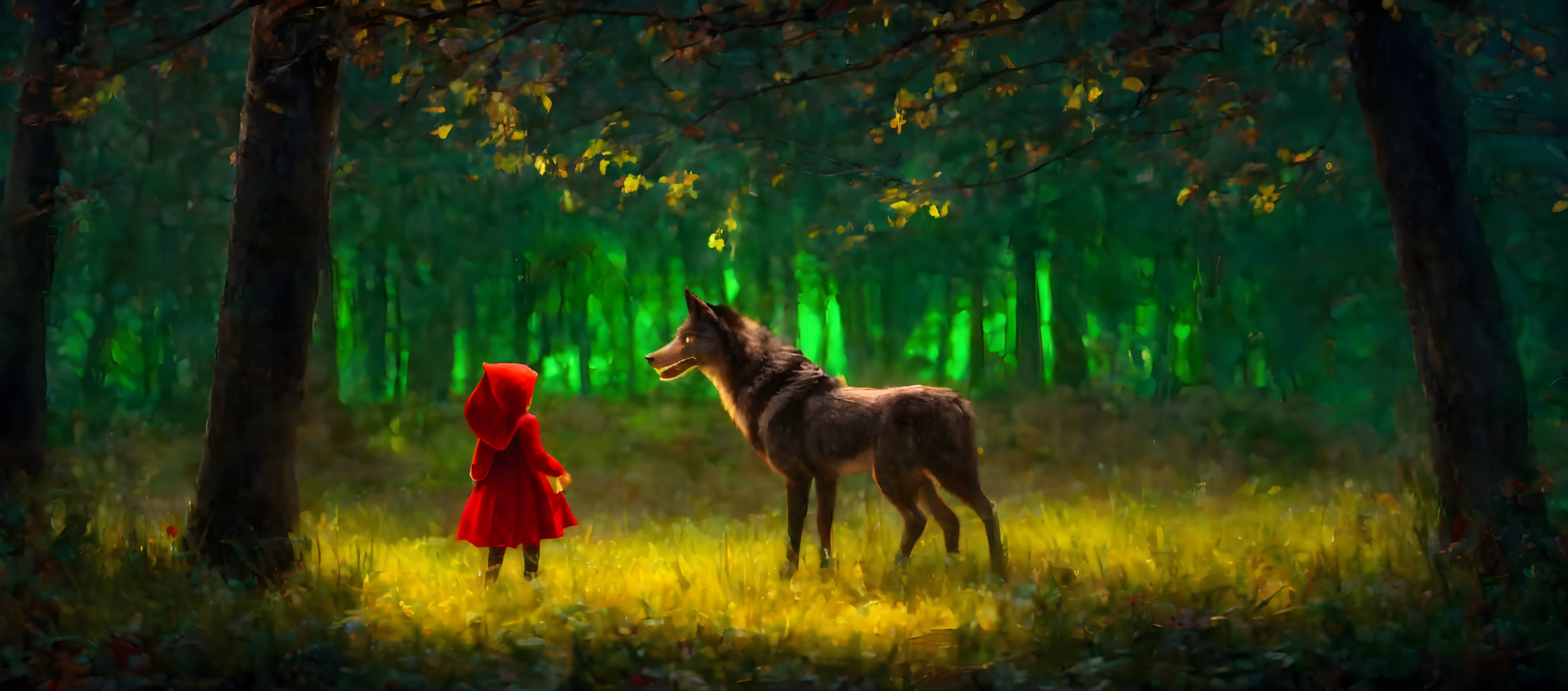 Young girl in red hood confronts large wolf in mystical forest with sunlight filtering through trees