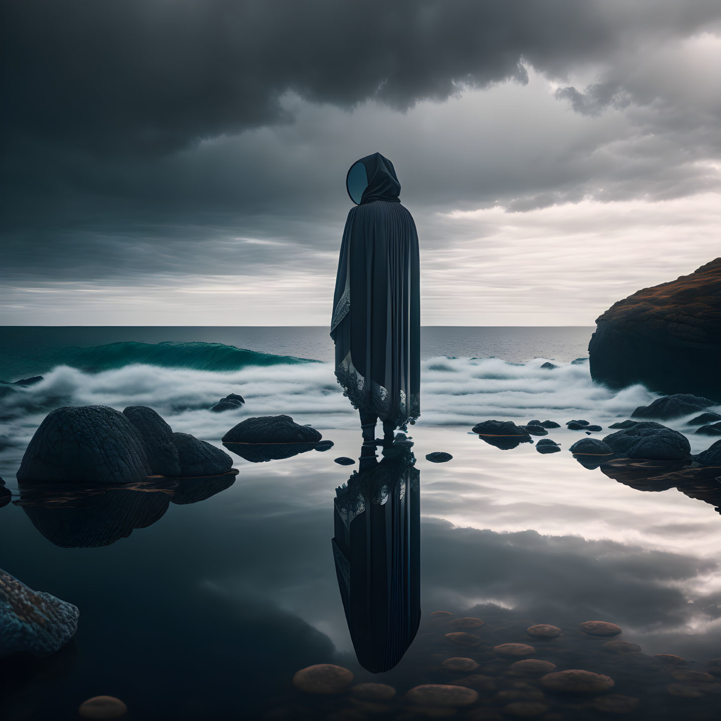 Cloaked figure on reflective water with dramatic sky