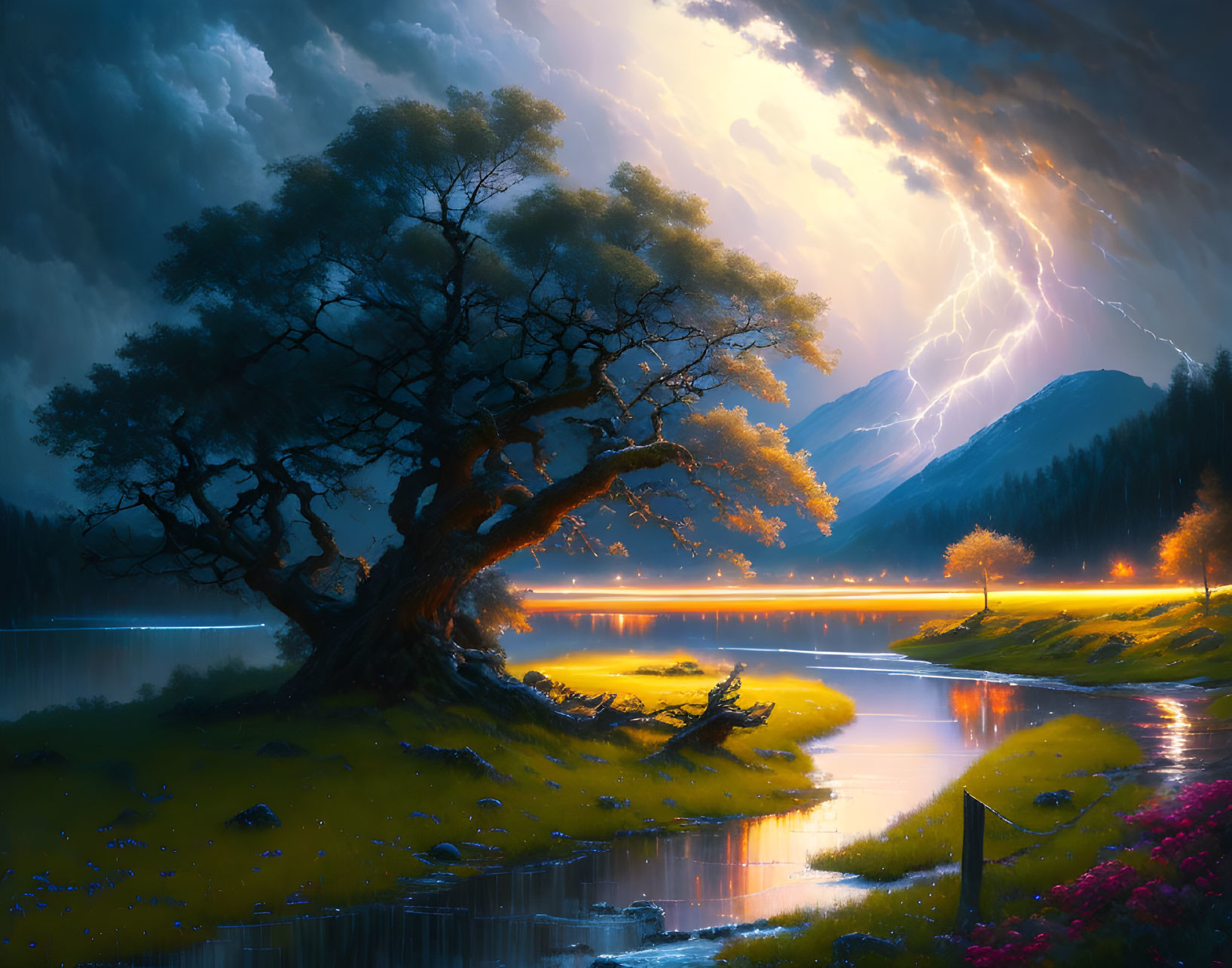 Majestic tree in stormy sky near tranquil lake and lush surroundings