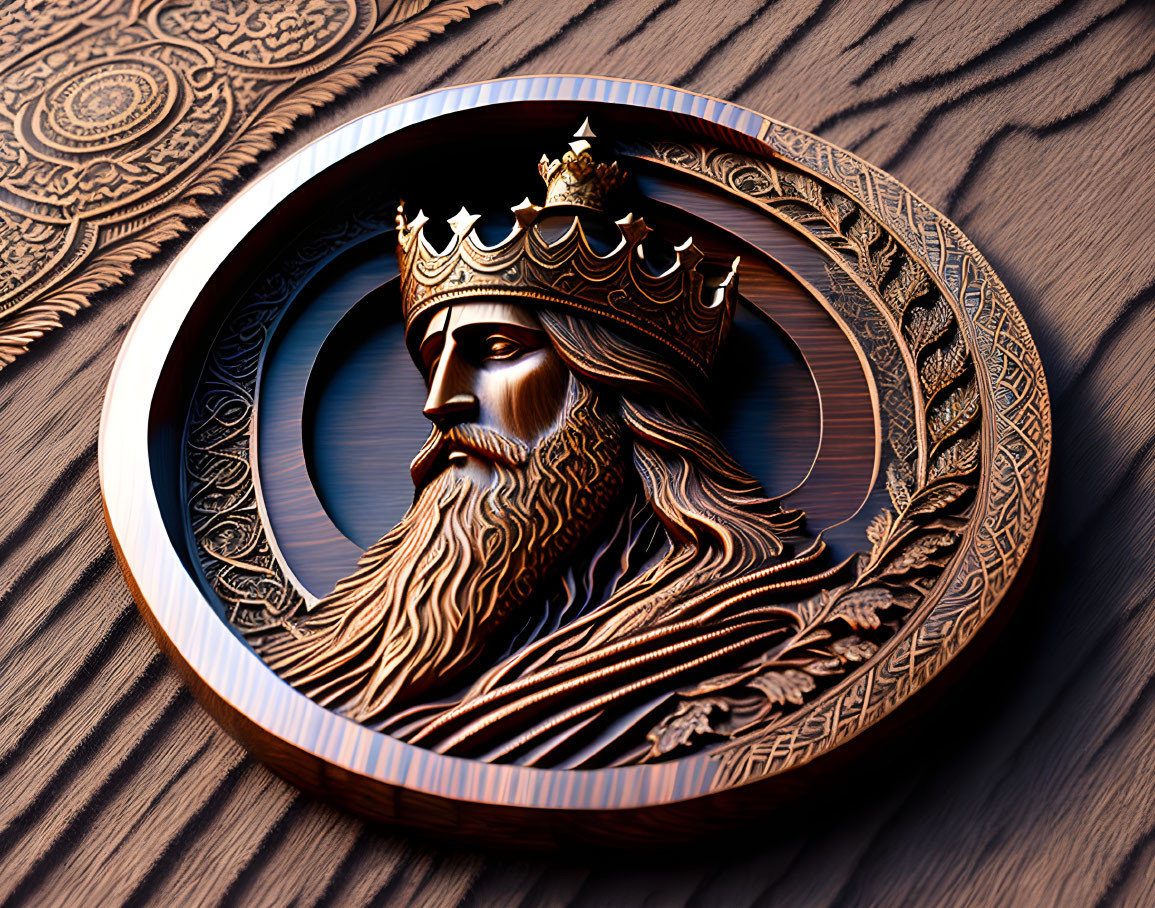 Intricate 3D plaque of bearded king with crown on ornate wooden background