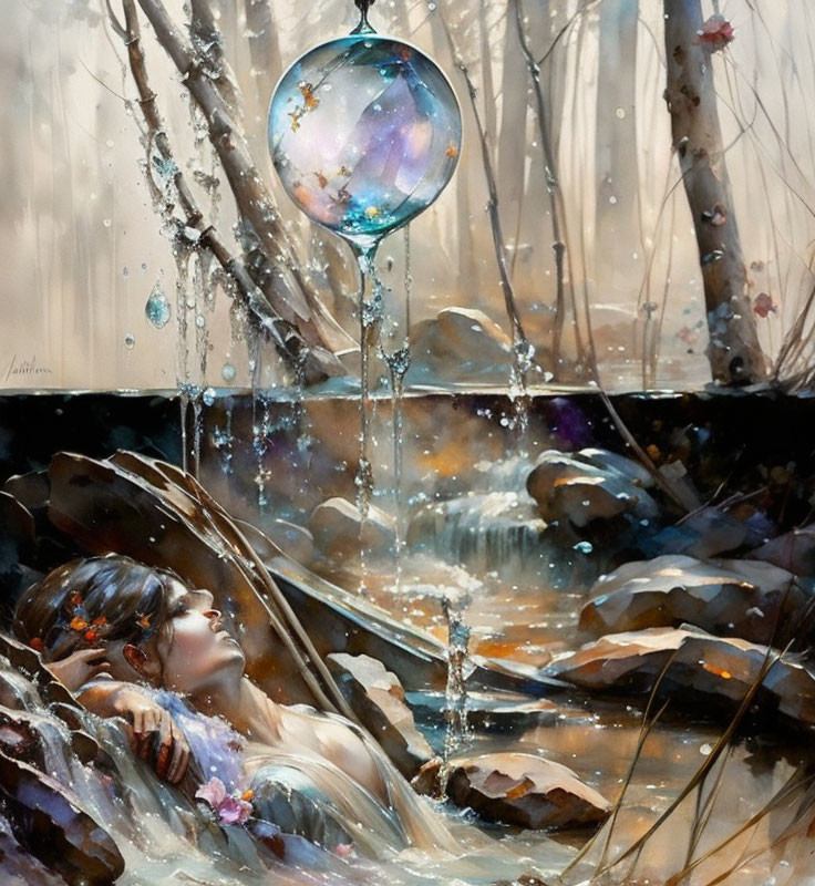 Ethereal woodland painting with serene woman and glowing dreamcatcher