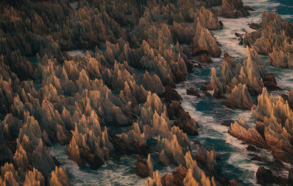 Rocky Formations in Turbulent Sea at Sunset