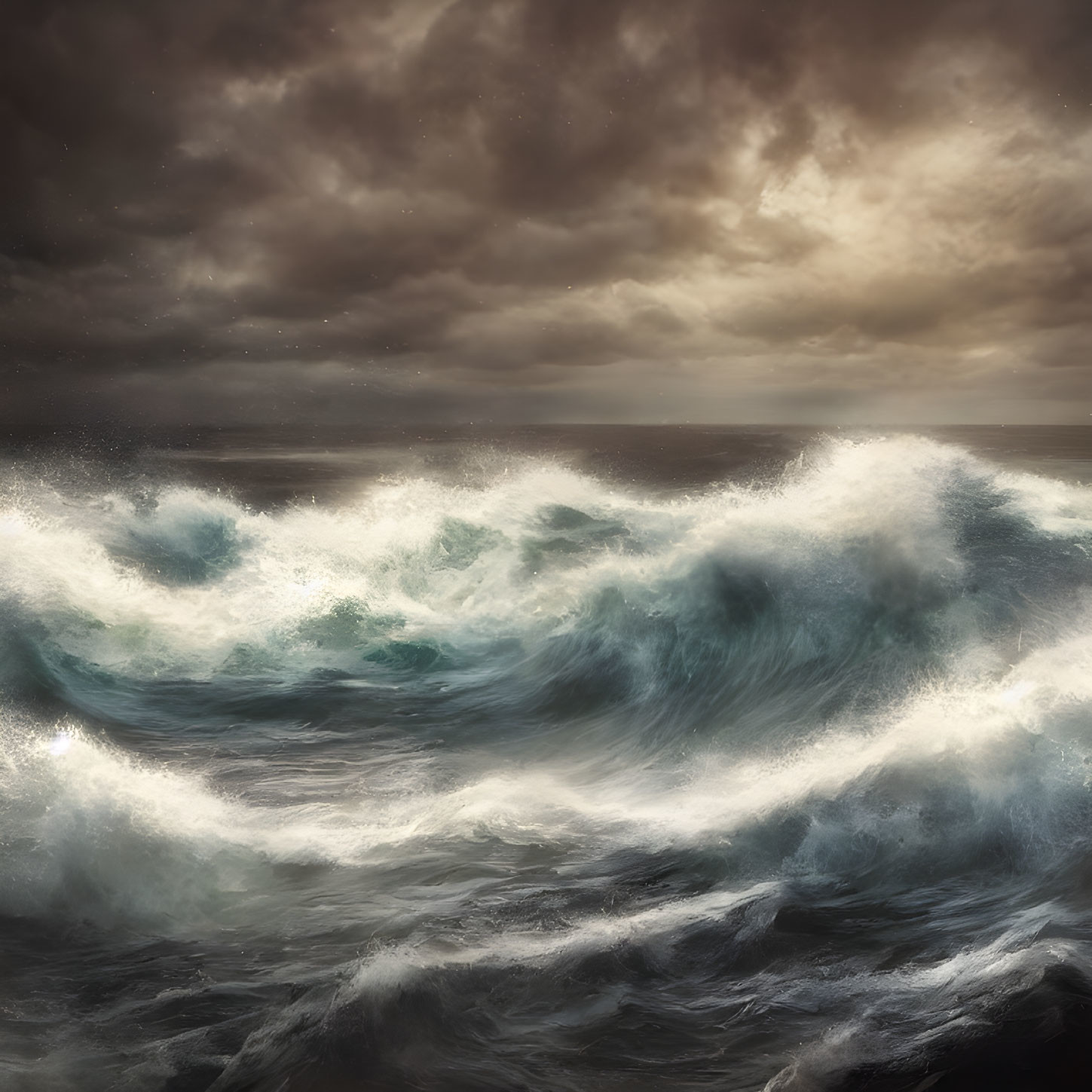 Stormy Ocean with Foamy Waves and Dramatic Sky