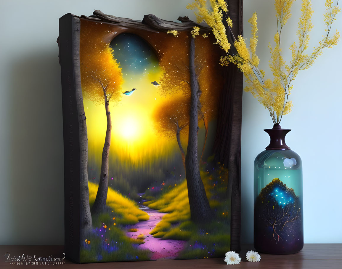 Surreal painting of starry night forest path with yellow blossoms vase