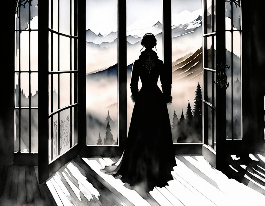 Silhouetted figure by open window overlooking misty mountain landscape