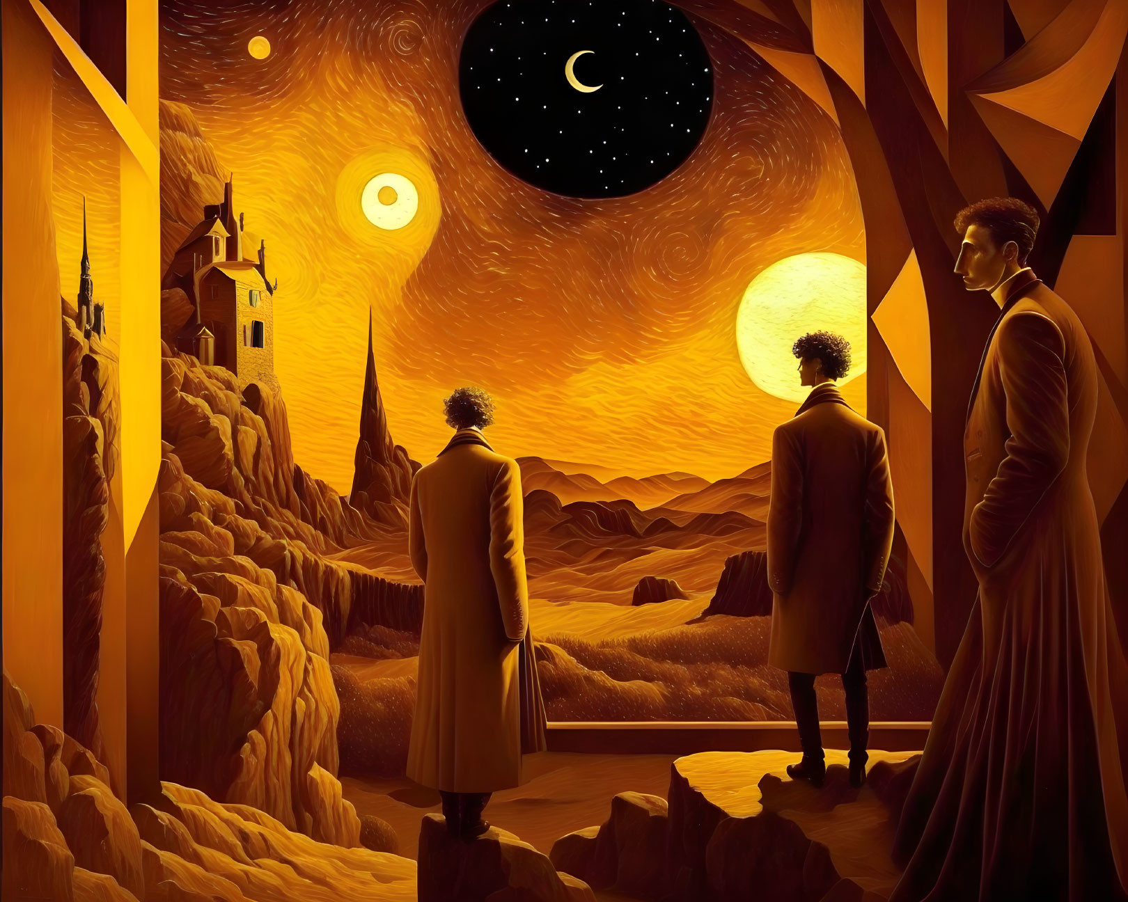 Silhouetted Figures in Golden Landscape with Moons and Stars