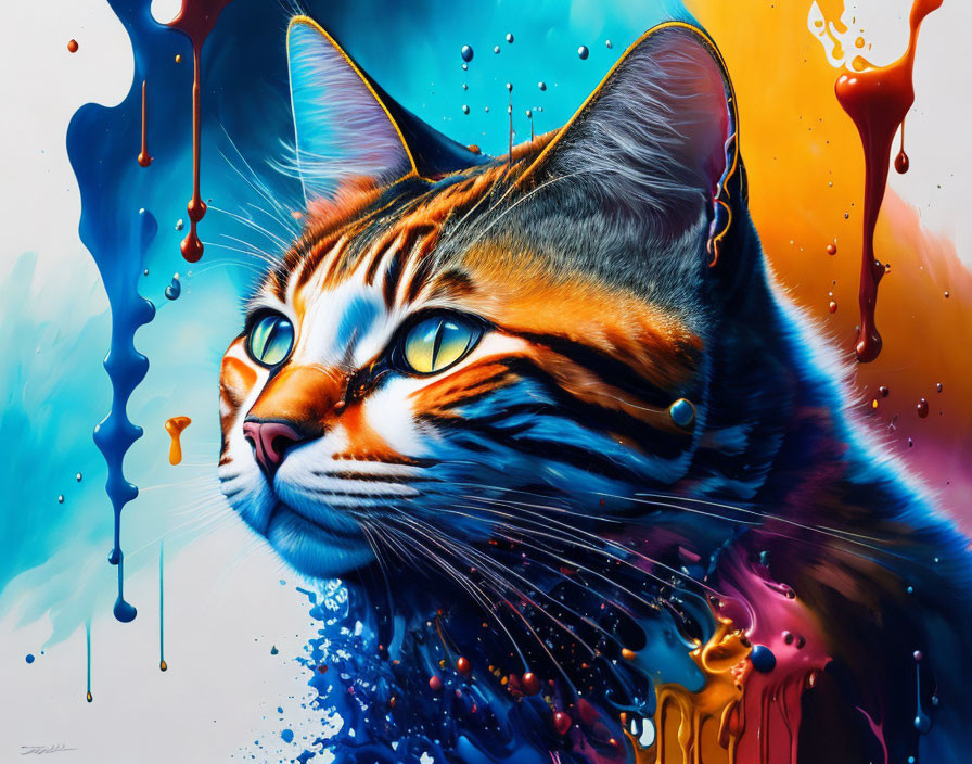 Colorful Cat Painting with Multicolored Drips on Blue Background