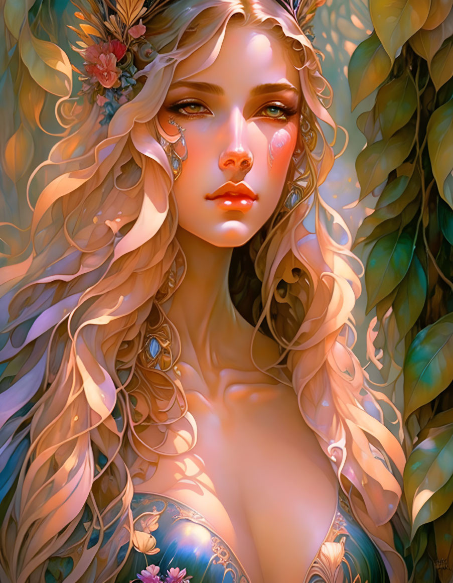 Blonde woman with floral adornments in soft-glow art style