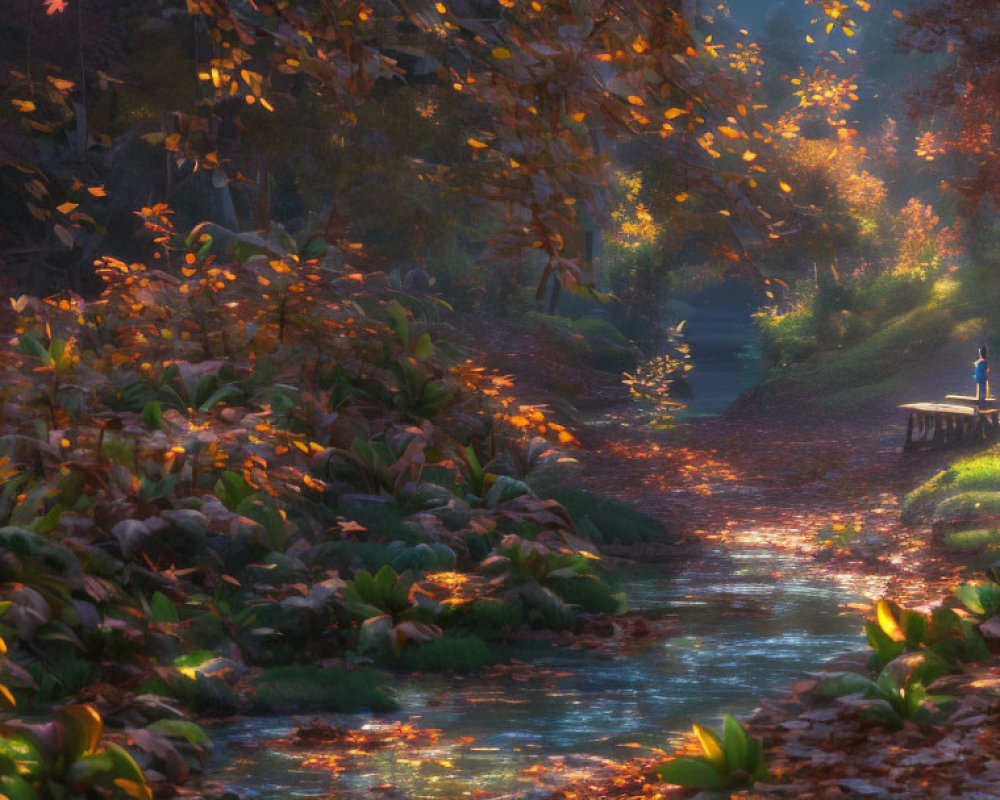 Tranquil autumn landscape with sunlit path, stream, foliage, and person