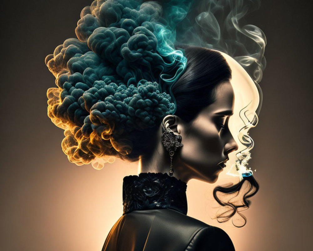 Profile of woman with ornate smoke hairstyle on warm background