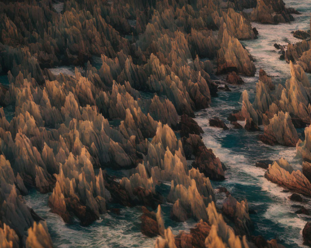 Rocky Formations in Turbulent Sea at Sunset