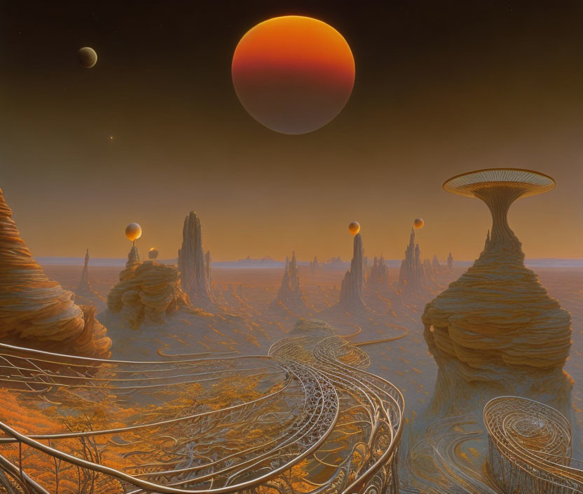 Alien landscape with towering rock formations and metallic pathways under orange sun