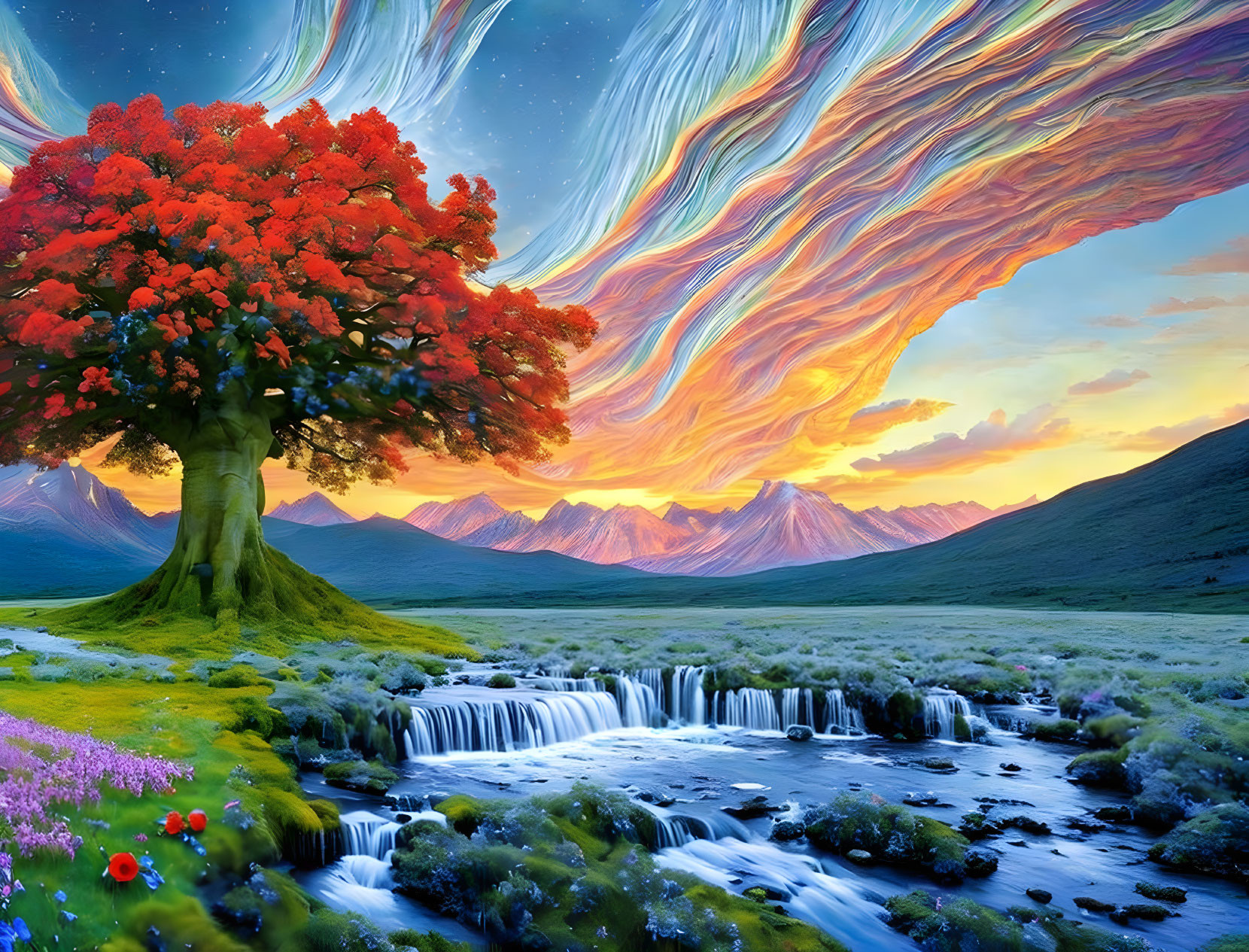 Colorful landscape with red foliage tree, waterfall, mountains, and surreal sky.