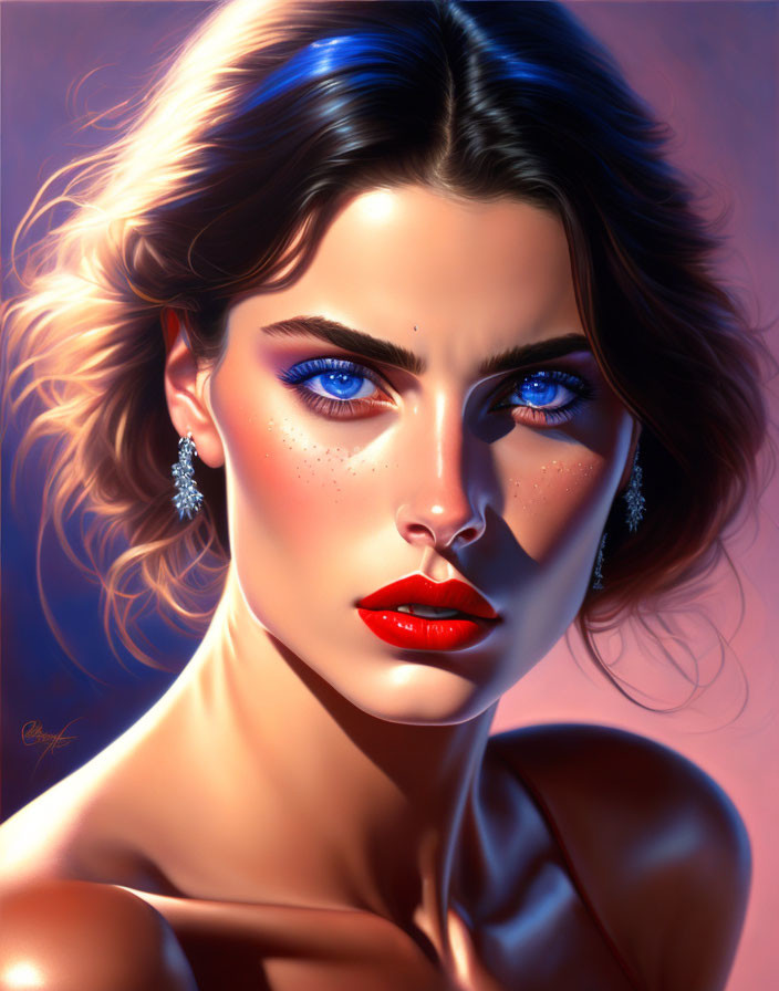 Woman's portrait: blue eyes, red lips, freckles, shiny earring, warm light