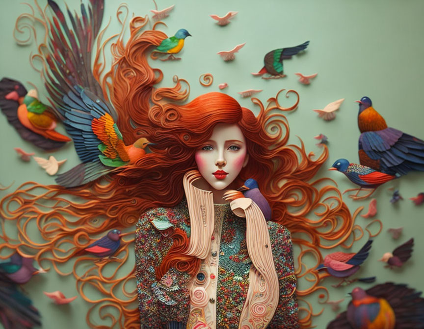 Vibrant image: Woman with red hair, birds, and patterns for a fantasy feel