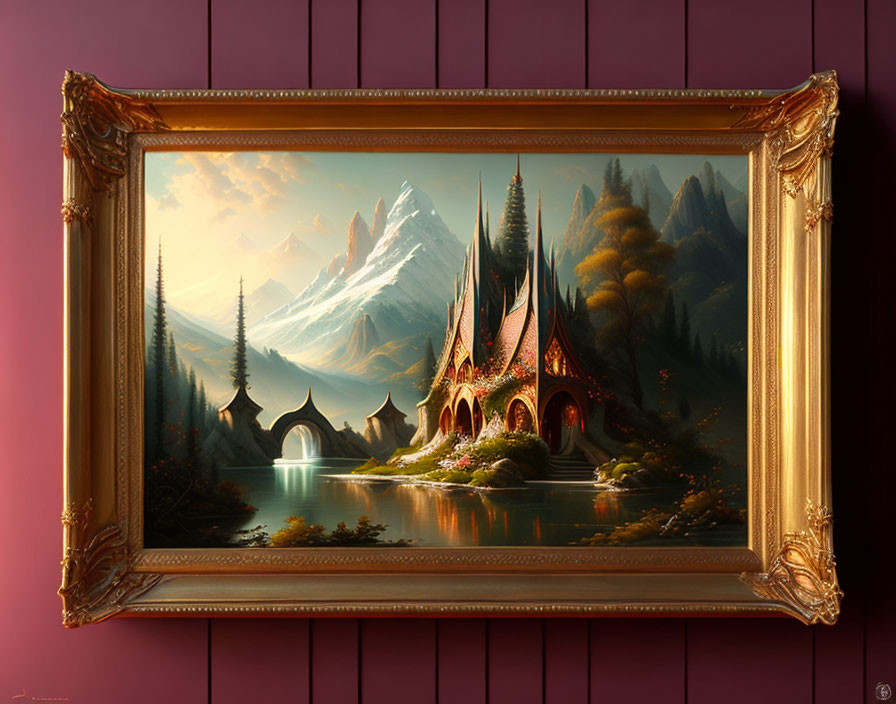 Fantasy landscape painting: Mystical castle, autumn trees, mountains, and reflective lake