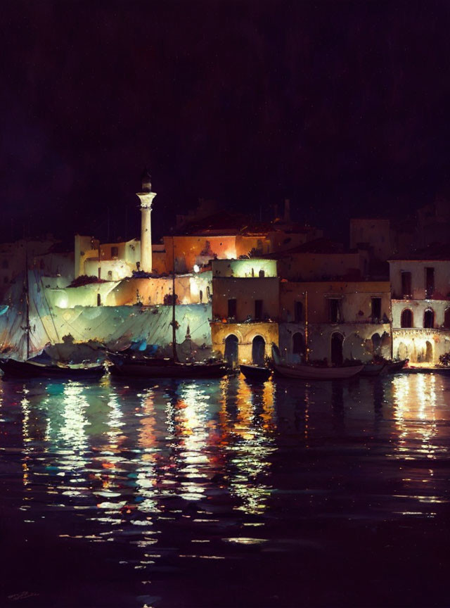 Nighttime coastal town with illuminated buildings and lighthouse reflected on water